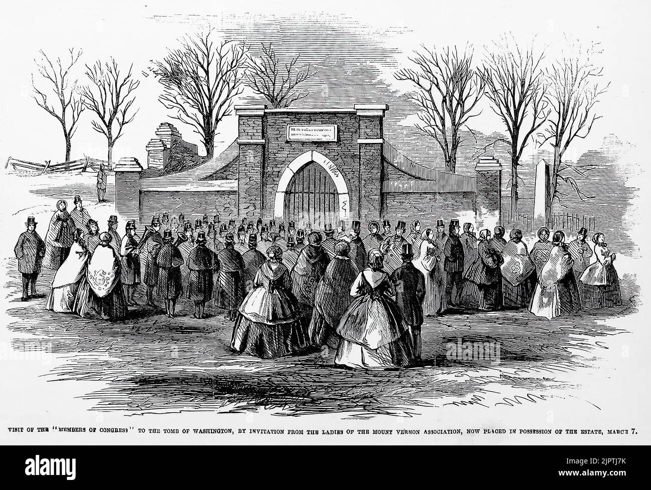 Besuch der "Mitglieder des Kongresses" im Grab von Washington, auf Einladung der Damen der Mount Vernon Association, die jetzt in den Besitz des Anwesens gestellt wurde, am 7.. März 1860. 19.. Jahrhundert Illustration aus Frank Leslie's Illustrated Newspaper Stockfoto