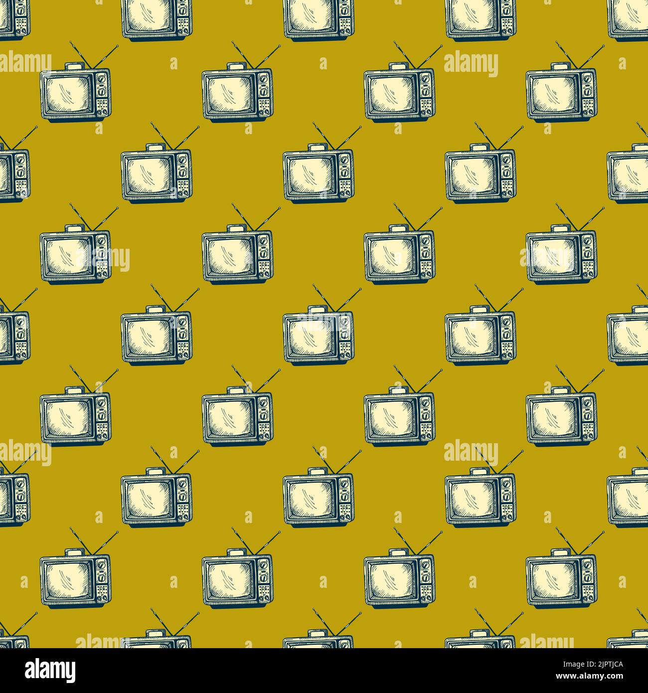 Retro-Fernseher mit gravierten, nahtlosen Antennenmustern. Vintage-Fernseher im handgezeichneten Stil. Skizzenstruktur für Stoff, Tapete, Textil, Druck, Titel, Stock Vektor