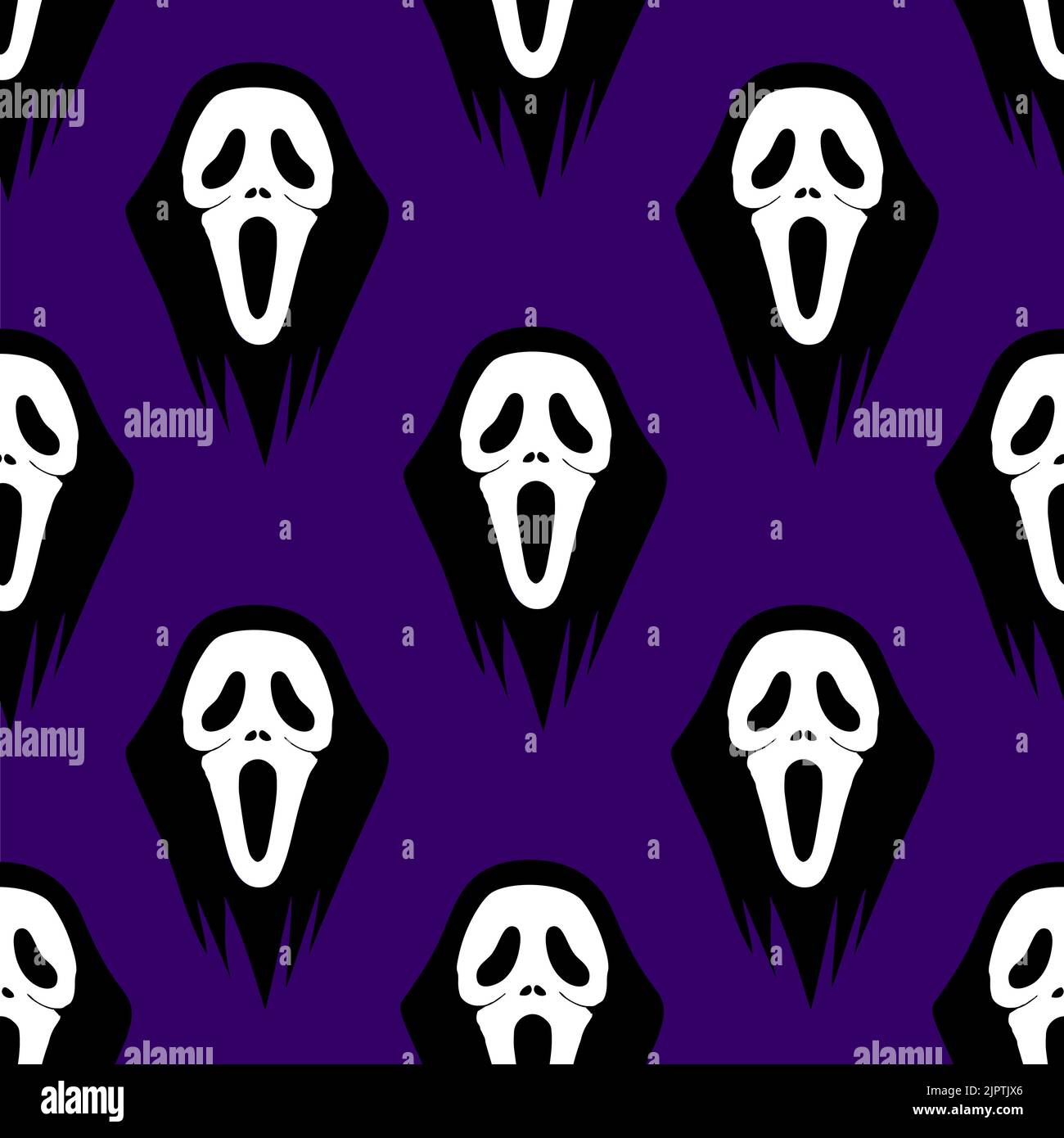 Nahtlose Grafik schwarz-weiß Muster Maske Schrei auf lila Hintergrund, Textur, Design Stockfoto