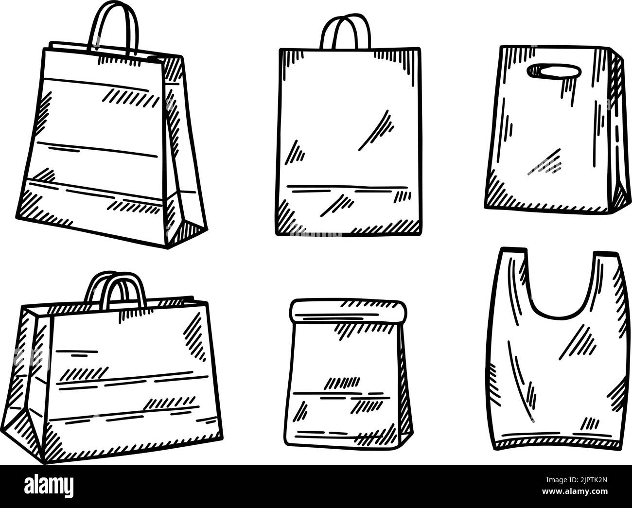 Set Einkaufstaschen isoliert skizziert. Doodle-Pakete im handgezeichneten Stil. Gravierte Gestaltung für Poster, Marketing, Print, Buchillustration, Logo, Symbol, Stock Vektor