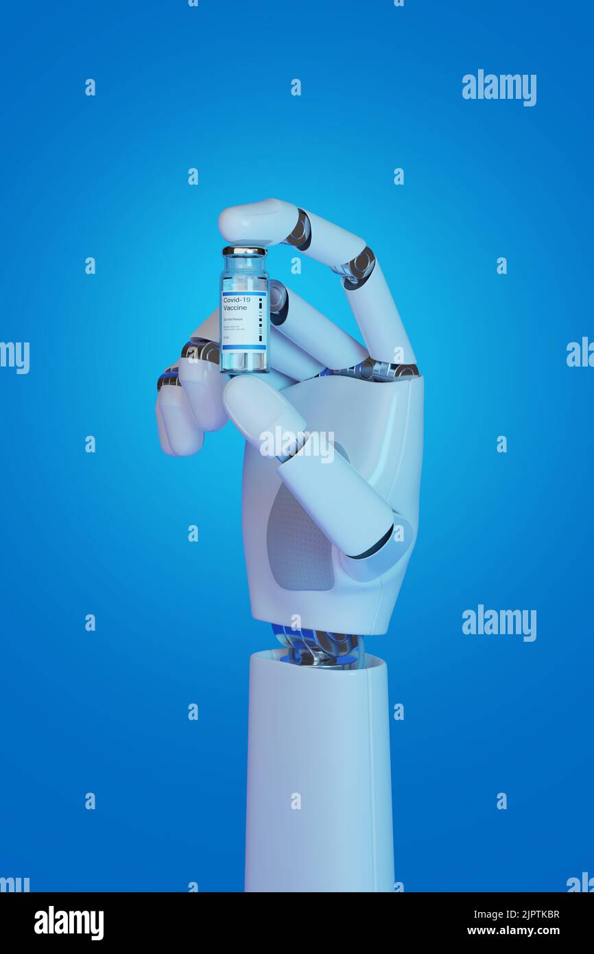 Roboterhand mit einem Covid 19-Impfstoff. 3D Abbildung. Stockfoto