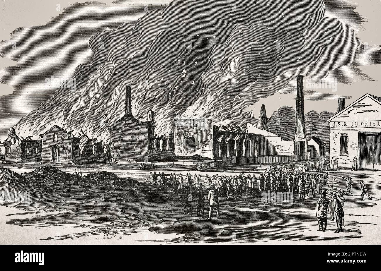 Brennen des Maschinenhauses und der Maschinenwerkstätten in Chambersburg, Pennsylvania während des amerikanischen Bürgerkrieges, 1862 Stockfoto