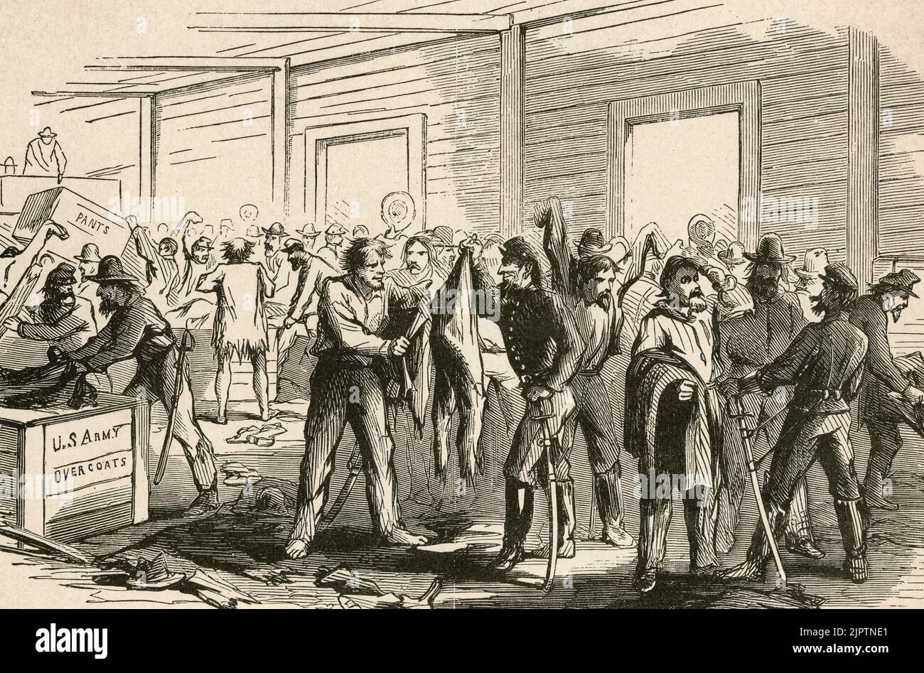 Die Rebellen tauschten ihre Lumpen während des amerikanischen Bürgerkrieges in Chambersburg, Pennsylvania, 1862 gegen US-Armeeüberzüge aus Stockfoto