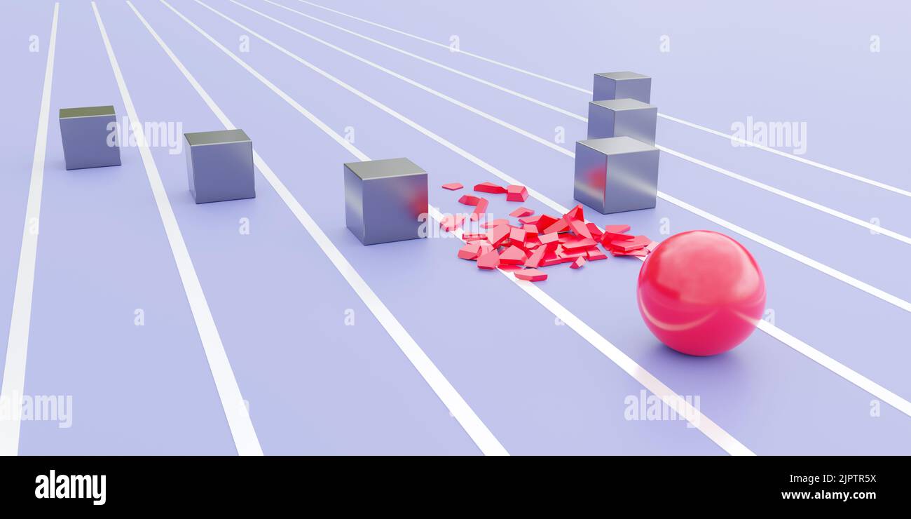 Konzept des Führungswettbewerbs. Eine Kugel wurde aus der roten Kugel des Führers, die andere graue Felder führt, zerstört. Erfolgreiche Strategie im Geschäft. Clos Stockfoto