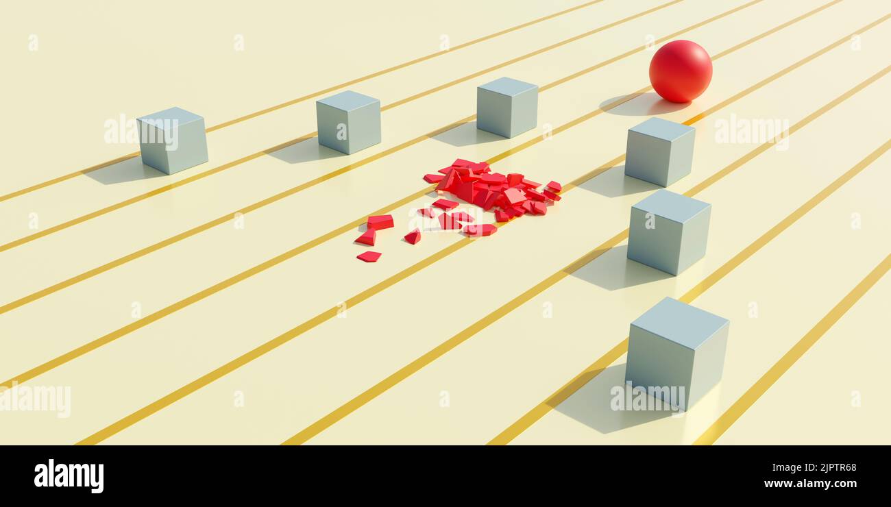 Konzept des Führungswettbewerbs. Eine rote Kugel der Anführer, führt andere graue Felder. Eine rote Kugel wurde vom Anführer zerstört. Erfolgsstrategie A Stockfoto