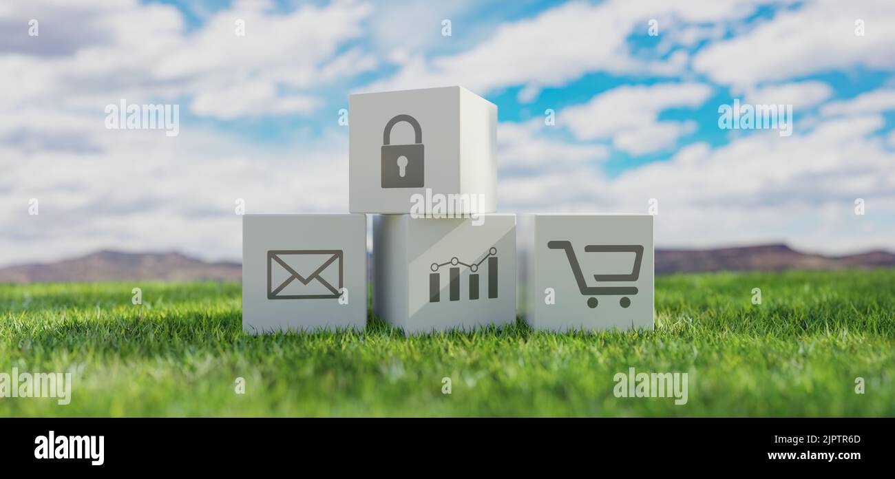 Würfel Block mit Tech-Symbole auf grünem Gras, wolkigen Himmel Hintergrund. Würfel mit Post, Börse, E-Commerce und Vorhängeschloss-Symbol über alle. 3D Rendern Stockfoto