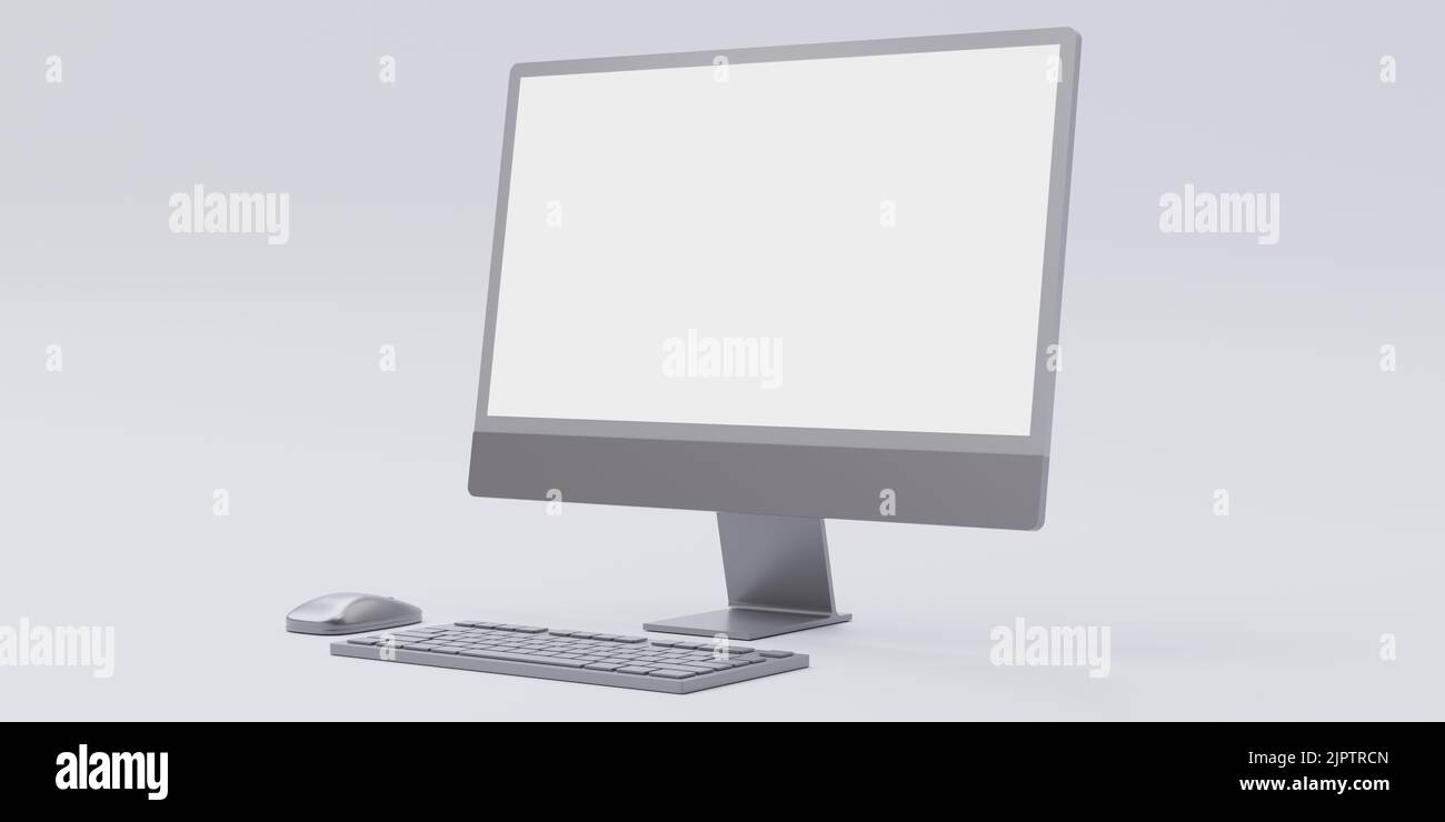 Computer-Desktop-Monitor, PC leeren leeren Bildschirm, Tastatur und Maus isoliert auf weiß. Werbung Mockup. 3D Rendern Stockfoto