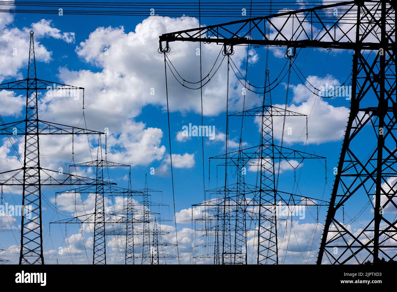 Viele elektrische Pole vor dem Himmel mit Wolken Stockfoto