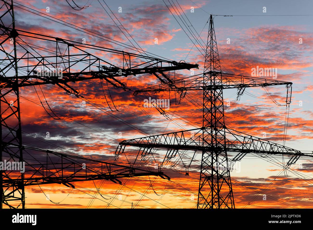 Viele elektrische Pole vor dem Himmel mit Wolken Stockfoto