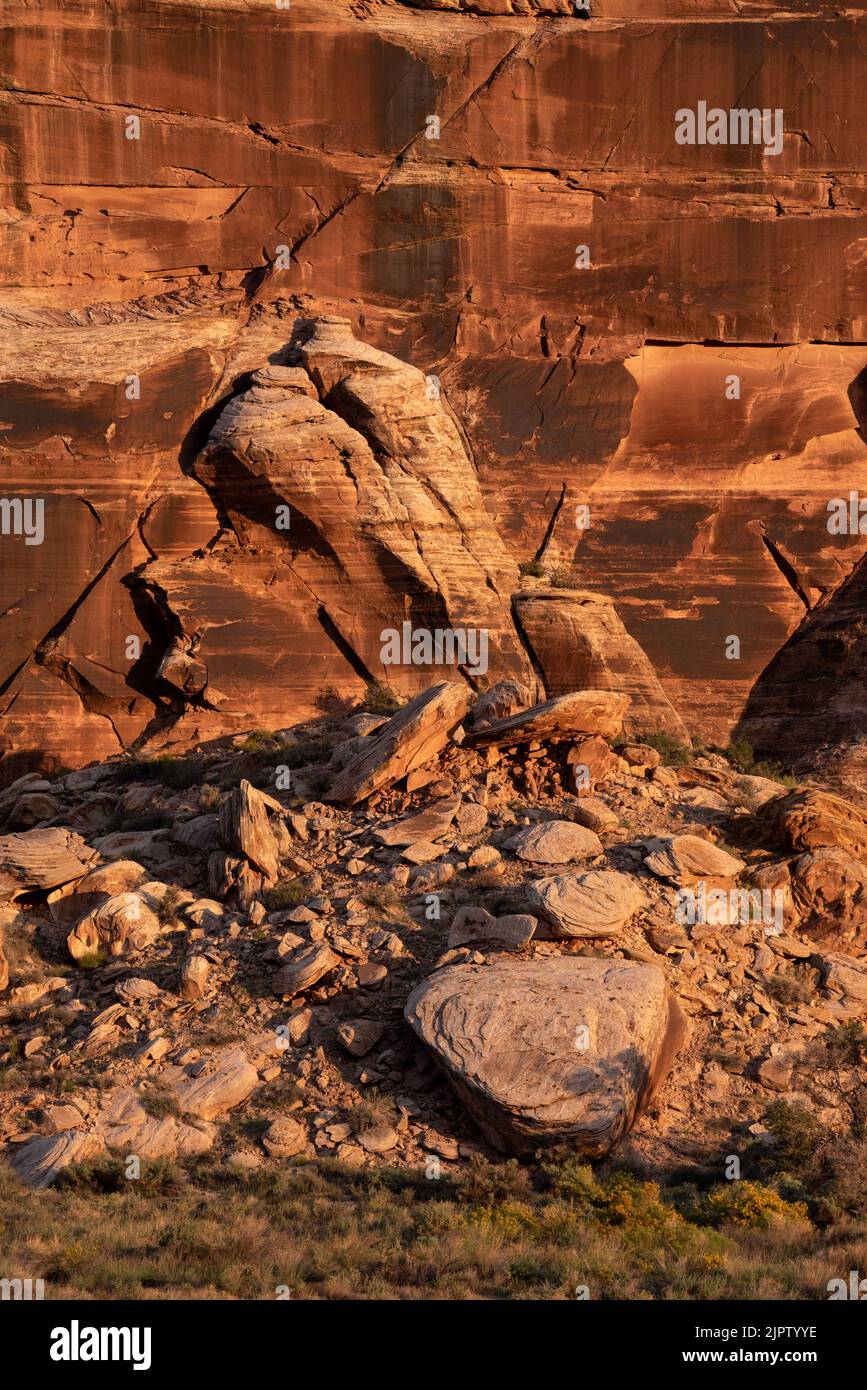 Canyon Wall bei Sonnenaufgang, Anderson Bottom, Canyonlands National Park, Utah. Stockfoto