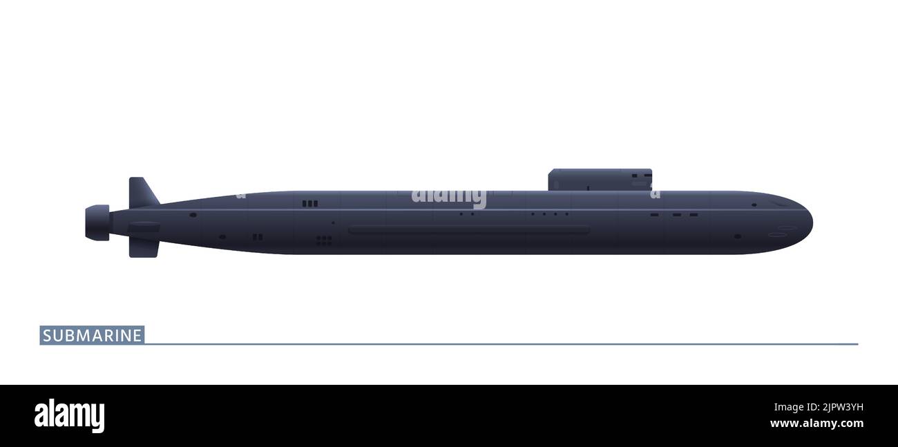 Strategisches U-Boot befindet sich in einer Seitenansicht, die auf weißem Hintergrund isoliert ist. Vektorgrafik Stock Vektor