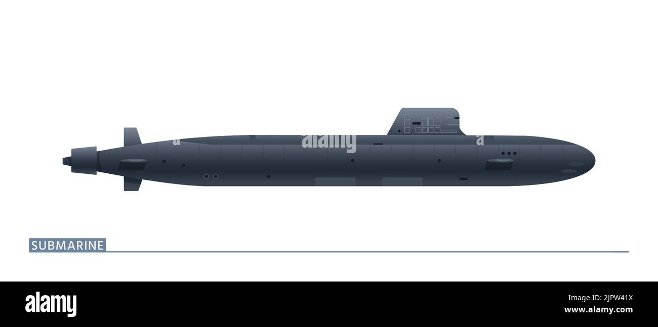 Vektordarstellung eines U-Bootes der Marine ist in einer Seitenansicht isoliert auf einem weißen Hintergrund. Stock Vektor