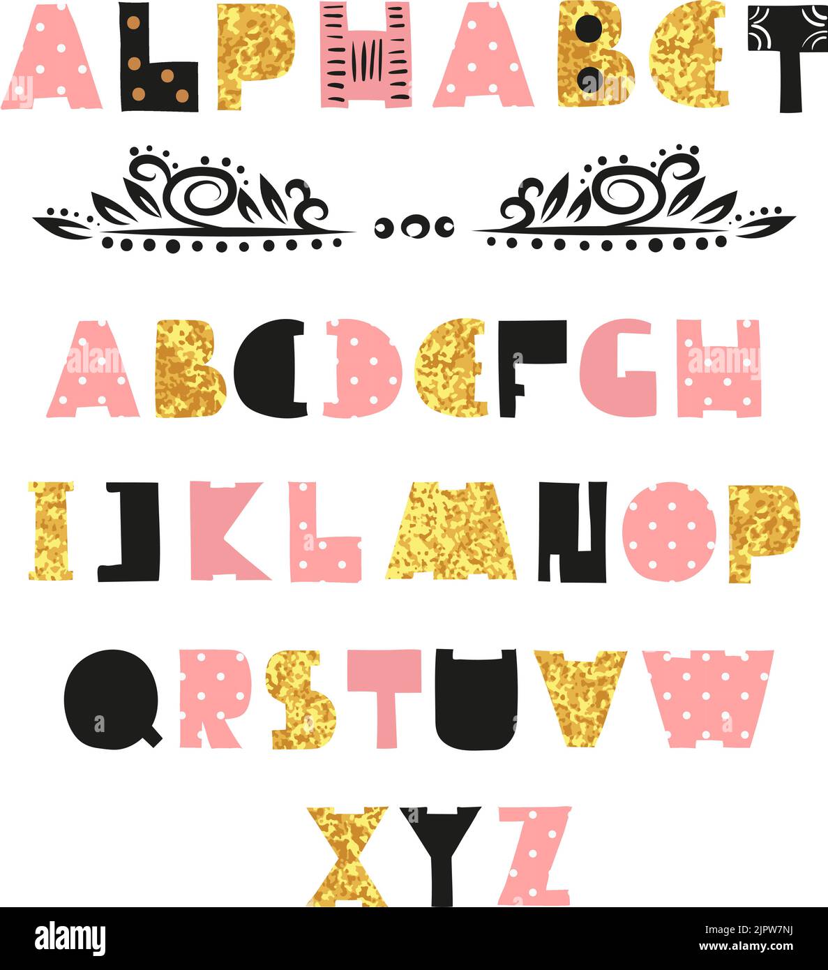Niedliches Alphabet-Design. Handgezeichnete Schrift in rosa, schwarz und funkelnden Goldfarben Stock Vektor