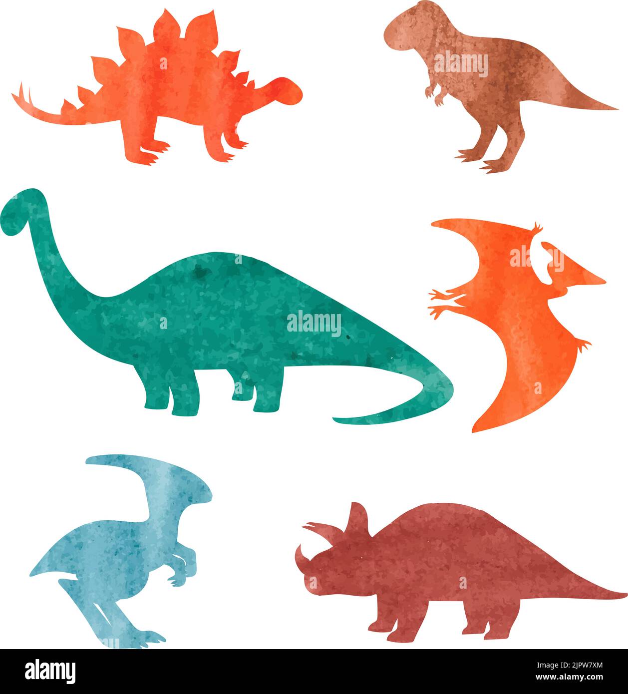 Aquarell Dinosaurier Set. Bunte Silhouetten von Dinosauriern isoliert auf weißem Hintergrund Stock Vektor