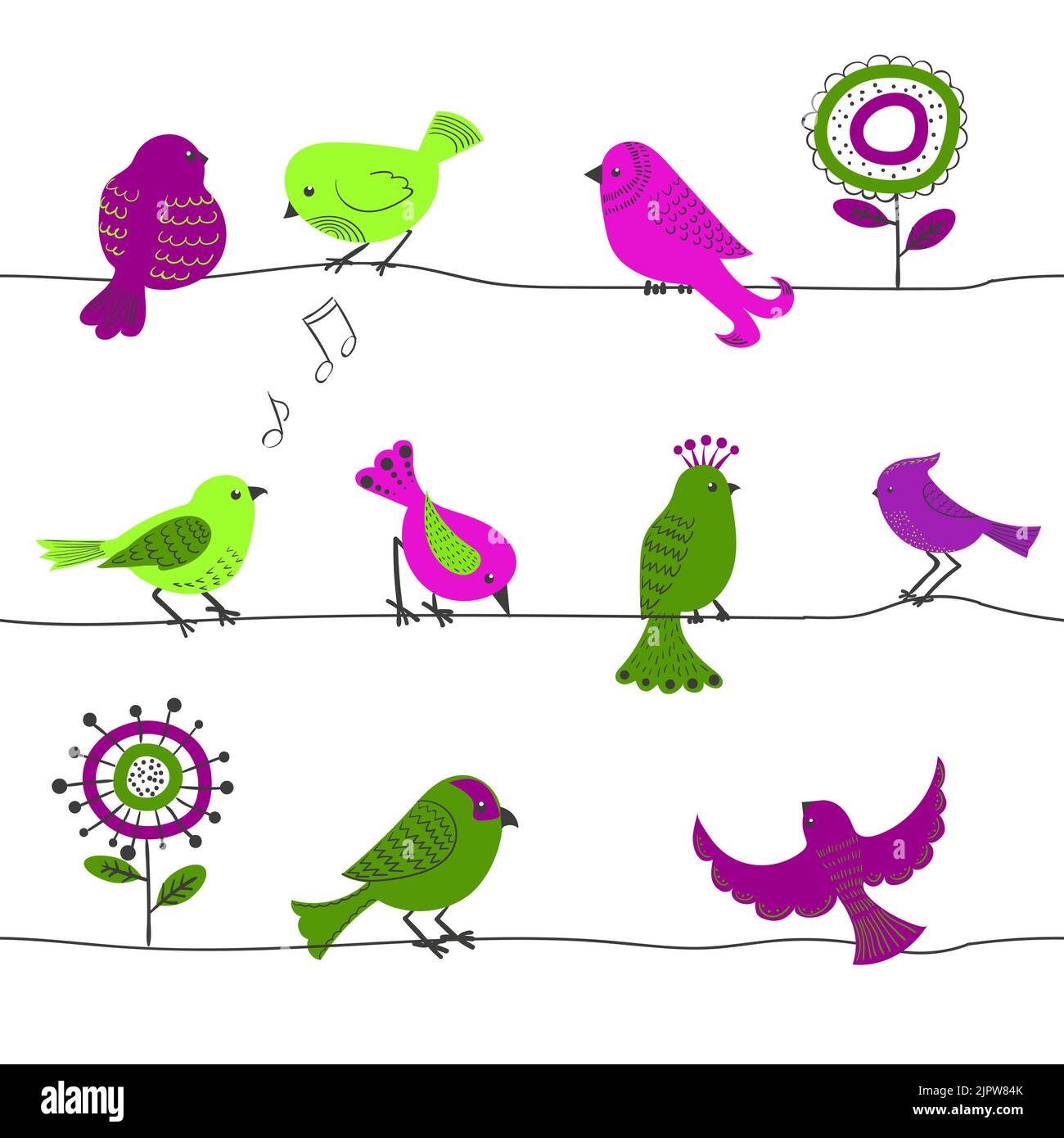 Nahtloses Muster mit niedlichen Vögeln in Grün und Lila. Cartoon-Vögel und abstrakte Blumen isoliert auf weiß. Vektorhintergrund Stock Vektor