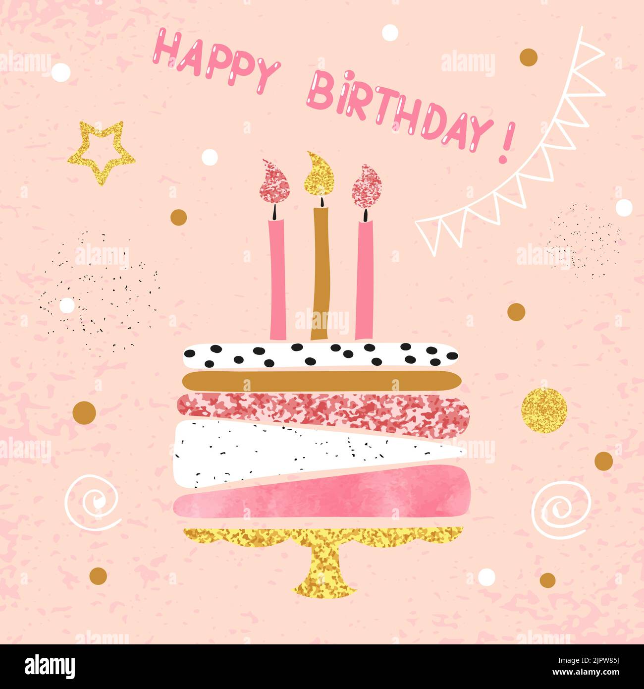 Happy Birthday Karte in Pink. Geburtstagskuchen mit Kerzen. Vektorgrafik. Stock Vektor