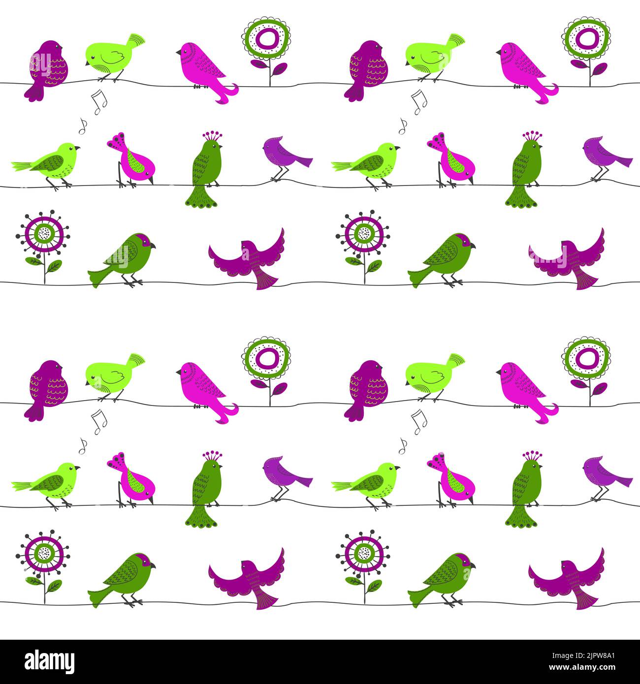 Vögel auf einem Draht. Nahtloses Muster mit niedlichen Cartoon-Vögeln in grünen und violetten Farben. Vektorhintergrund Stock Vektor