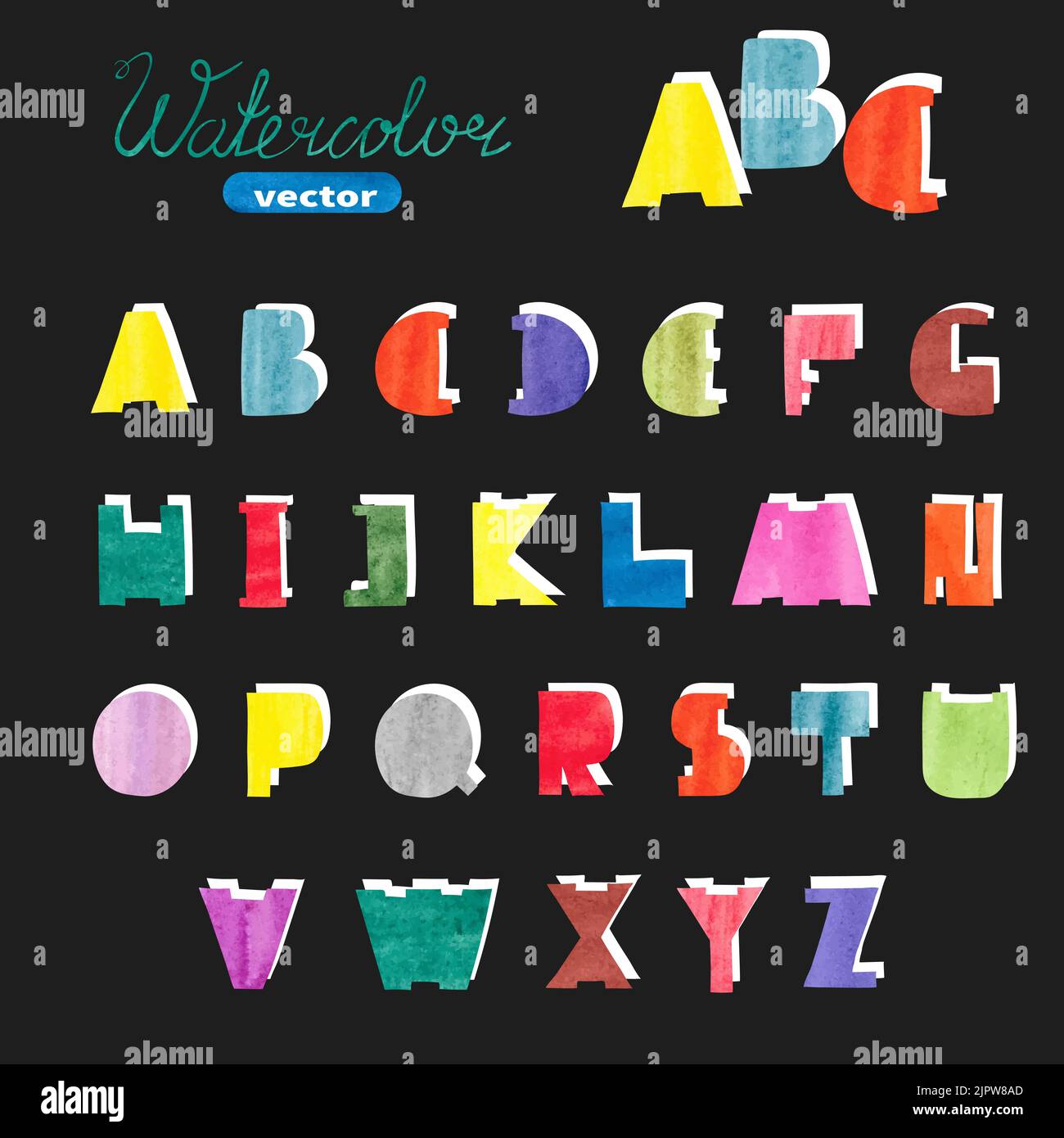 Farbenfrohes Aquarellalphabet. Handgezeichnete Buchstaben. ABC-Design. Vektoralphabet Stock Vektor