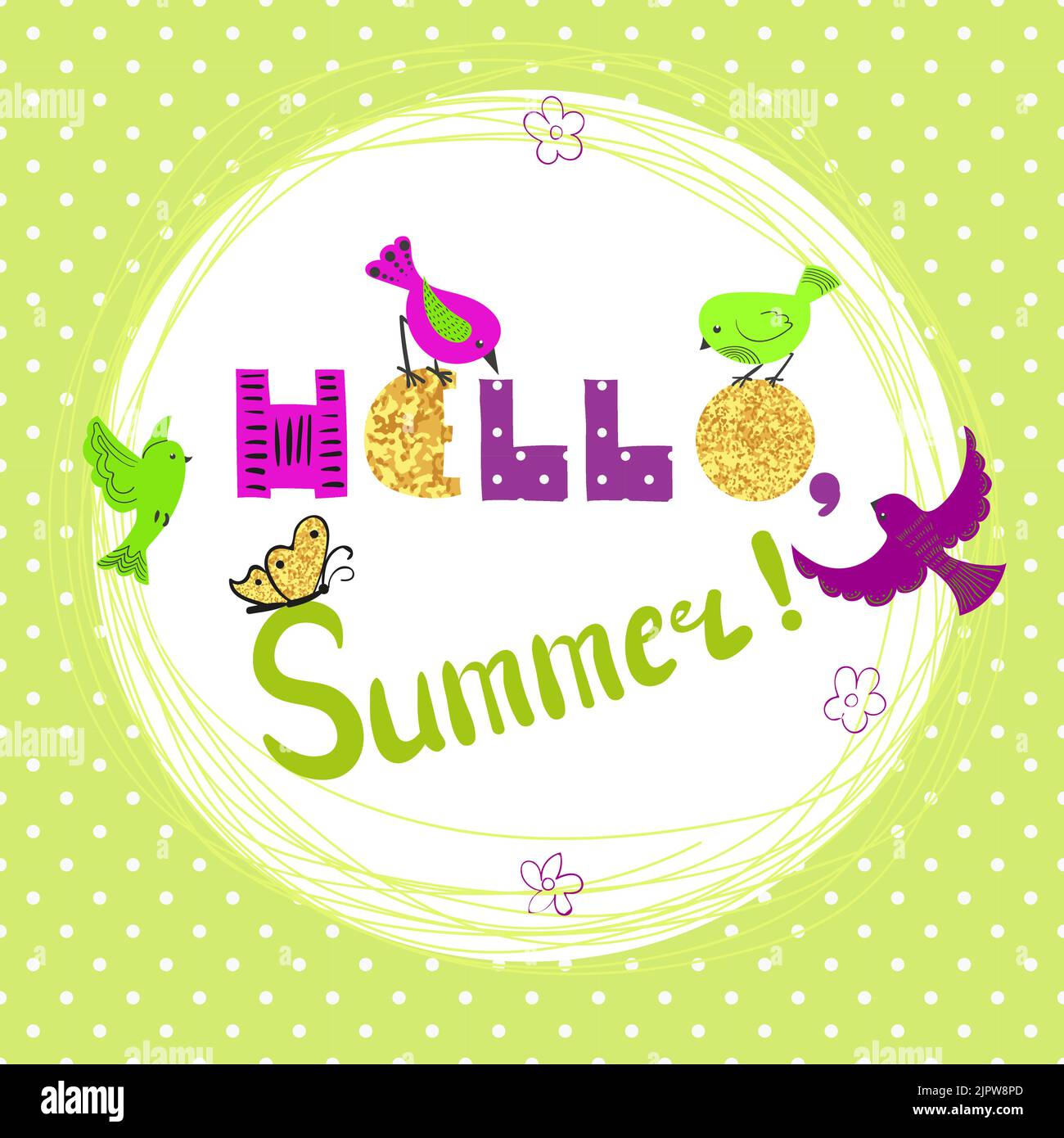 Sommer-Karten-Design mit niedlichen Cartoon-Vögel. „Hello Summer“-Schriftzug. Farbenfrohe Vektor Sommer Hintergrund Stock Vektor