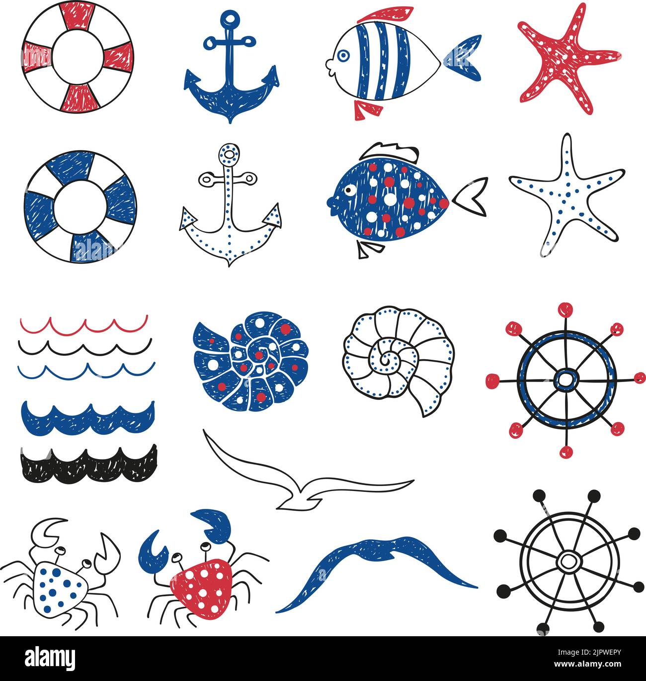 Set von niedlichen marinen dekorativen Elementen auf weiß isoliert. Marine Design. Sammlung von handgezeichneten Meeresfischen, Ankern, Seesternen, Möwen, Krabben Stock Vektor