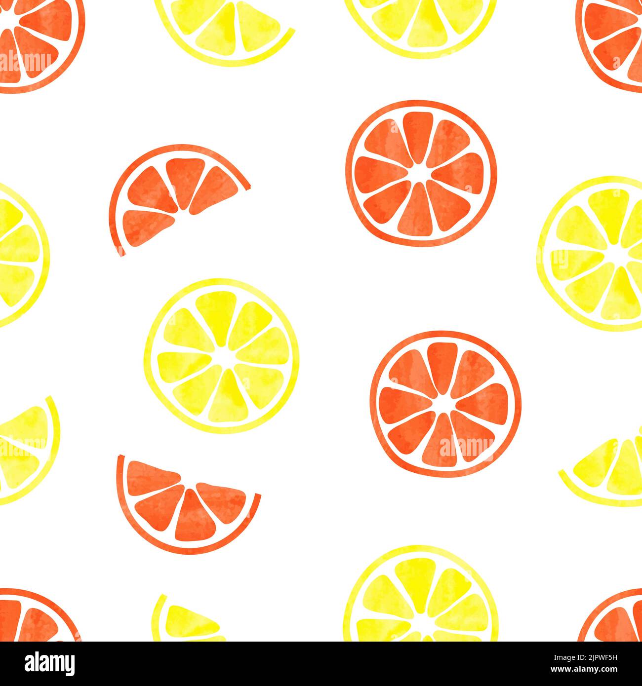Wasserfarbenes, nahtloses Muster aus Zitrusfrüchten. Vektorhintergrund mit Aquarellscheiben von Zitronen und Orangen Stock Vektor