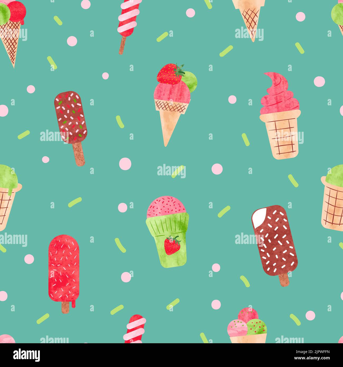 Aquarell-Eis nahtloses Muster. Vektor-Hintergrund mit buntem Eiscreme - Eiscreme, Zapfen, Erdbeer-Eisbecher Stock Vektor