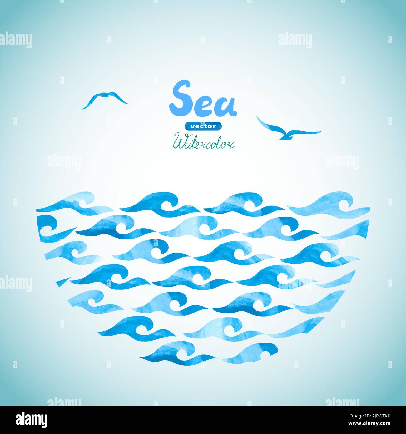 Aquarell Meer Vektor Hintergrund. Abstrakte blaue Wellen und Möwen. Marine-Thema Illustration Stock Vektor