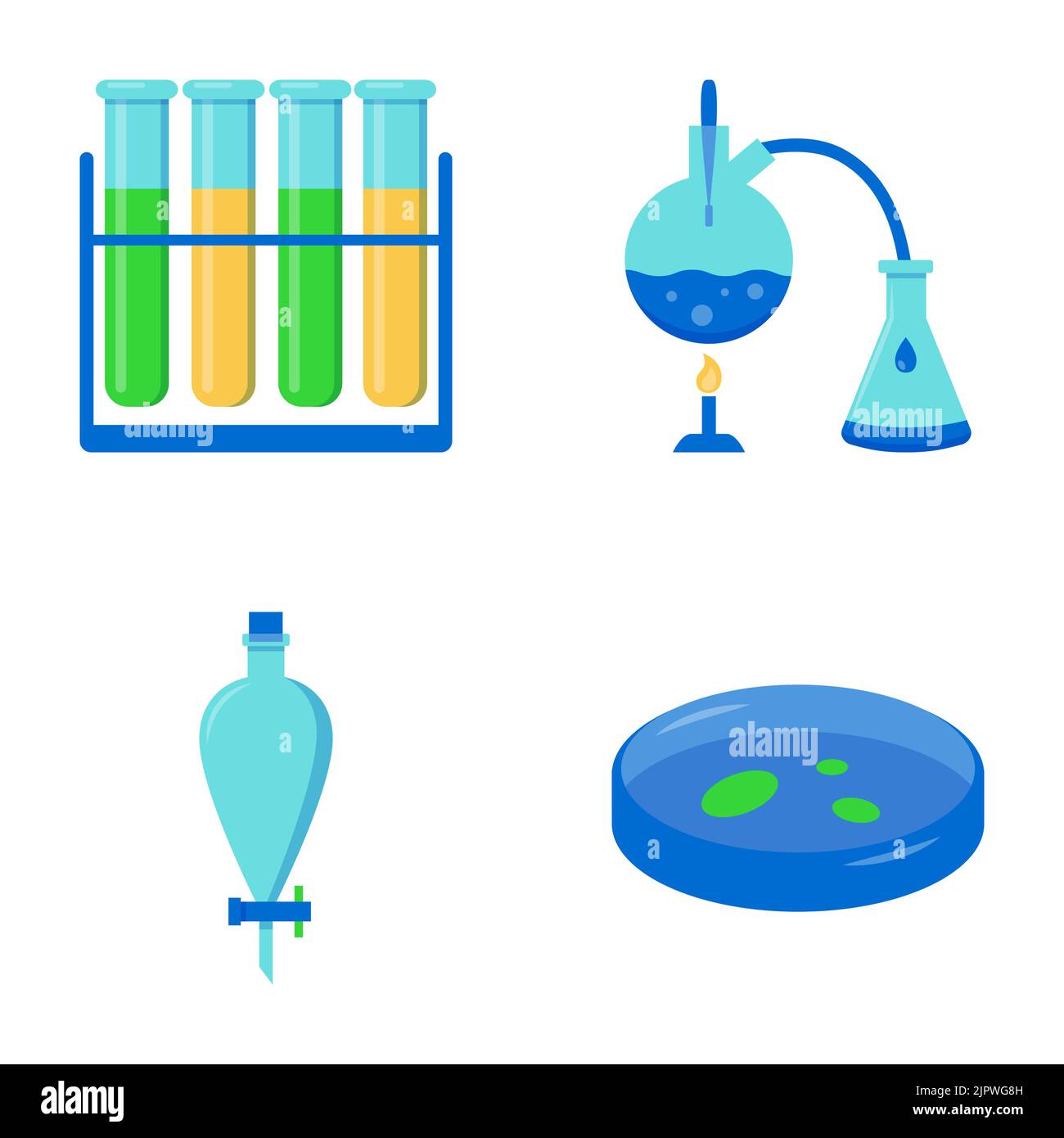 Chemie Science Icon Set in flachem Stil. Symbole für chemische Laborgeräte und Glaswaren. Vektorgrafik. Stock Vektor