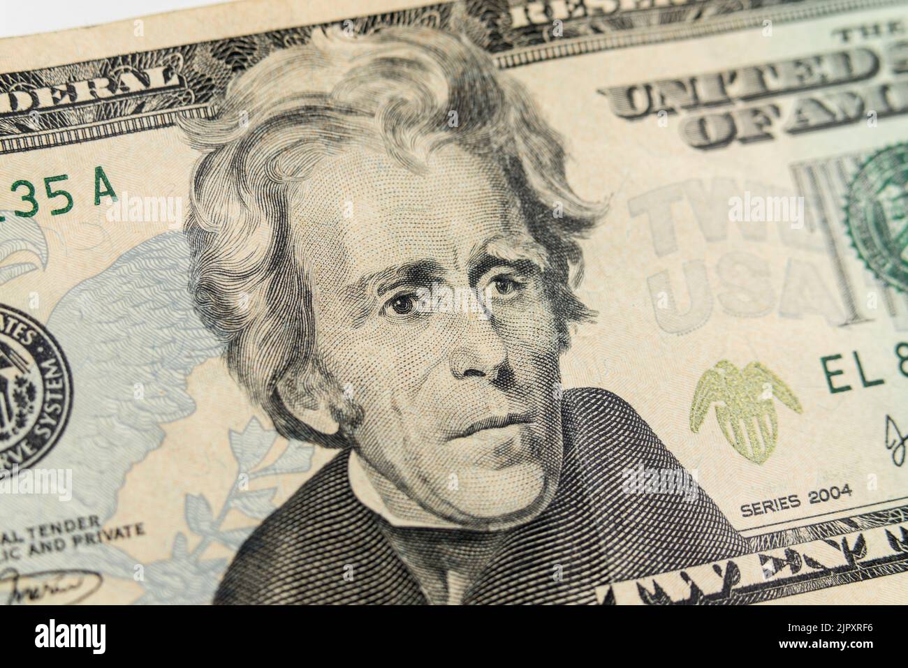 Nahaufnahme von Präsident Andrew jackson über den 20-Dollar-Schein der USA. Stockfoto