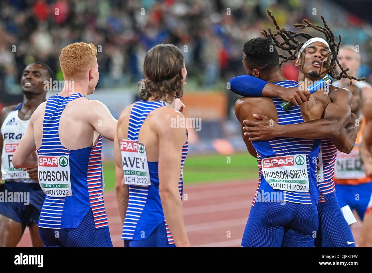 Matthew Hudson-Smith, Charlie Dobson, Lewis Davey, Alex Haydock-Wilson (Großbritannien). 4x400 Relais Goldmedaille. Europameisterschaften München 2022 Stockfoto