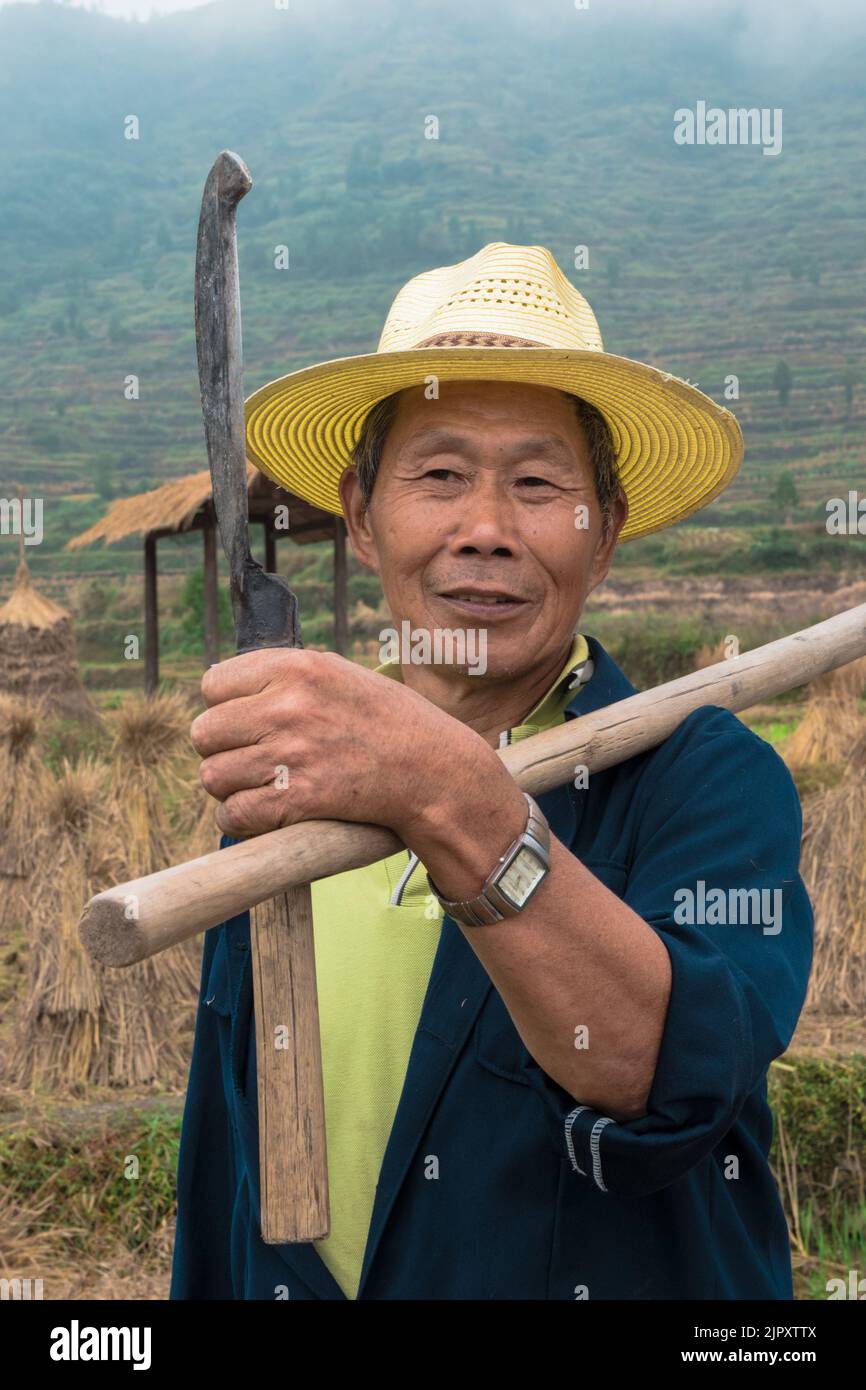 Terrassierte Reisfelder bieten eine landschaftlich reizvolle landschaftliche Schönheit in China Stockfoto