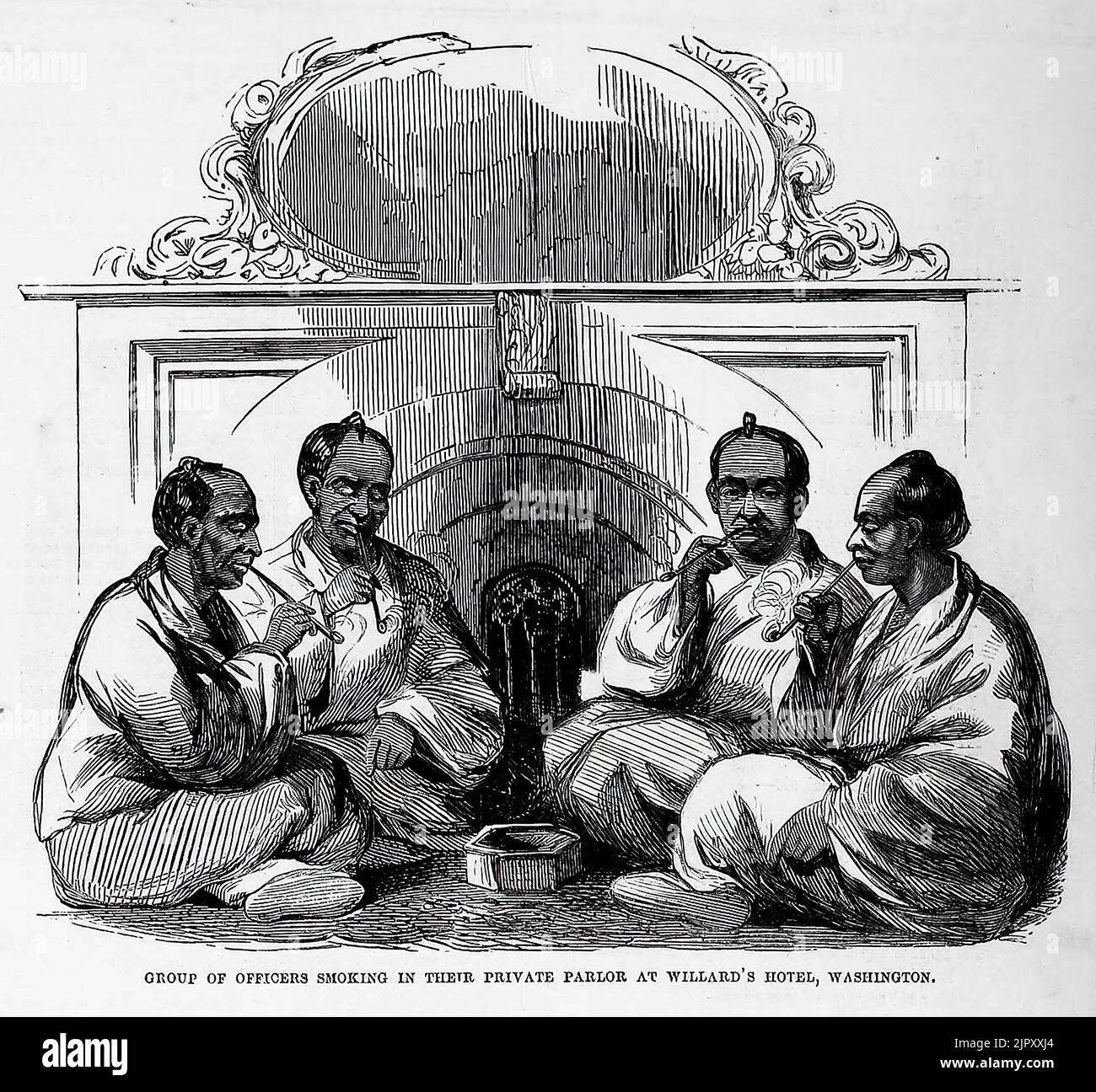 Gruppe von Beamten, die in ihrem privaten Salon im Willard's Hotel, Washington, rauchen, 1860. Japanische Botschaft in den Vereinigten Staaten. 19.. Jahrhundert Illustration aus Frank Leslie's Illustrated Newspaper Stockfoto