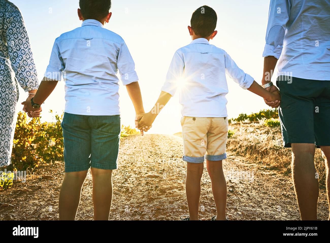 Verbunden durch die Liebe, die sie teilen. Rückansicht einer Familie, die sich im Freien verbindet. Stockfoto