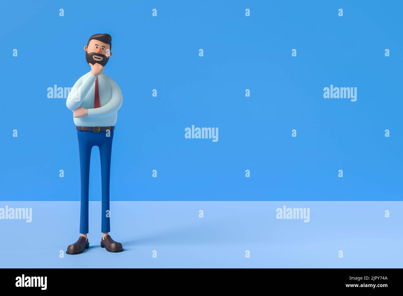 3D Abbildung. Cartoon-Charakter niedlich GESCHÄFTSMANN isoliert auf blauem Hintergrund. Ernsthafter Kerl denkende Pose. Der kaukasische Mann trägt ein weißes Hemd und ein rotes Stockfoto