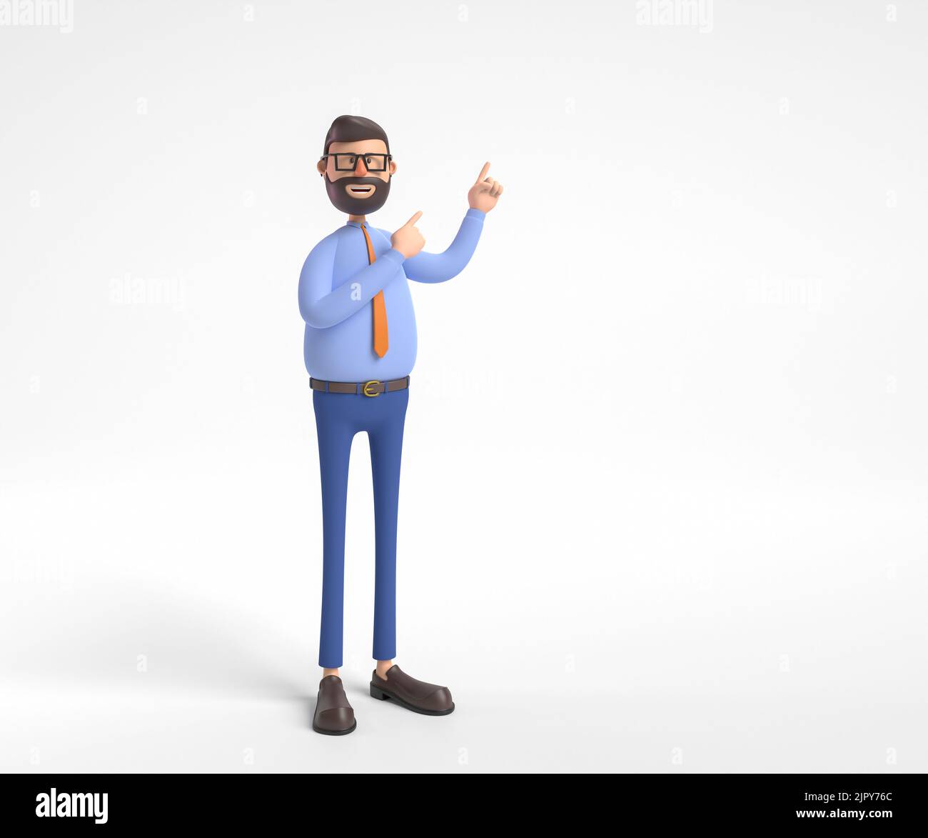 3D Abbildung. Cartoon-Figur junger Mann auf blauem Hintergrund isoliert. Verkaufsleiter trägt weißes Hemd, rote Krawatte, schaut auf die Kamera, zeigt Geste. Vor Stockfoto