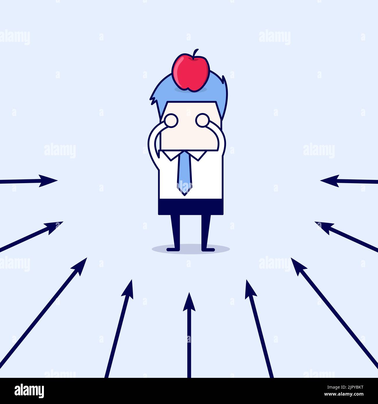 Geschäftsmann mit gezieltem Apfel auf dem Kopf. Cartoon-Figur dünne Linie Stil Vektor. Stock Vektor