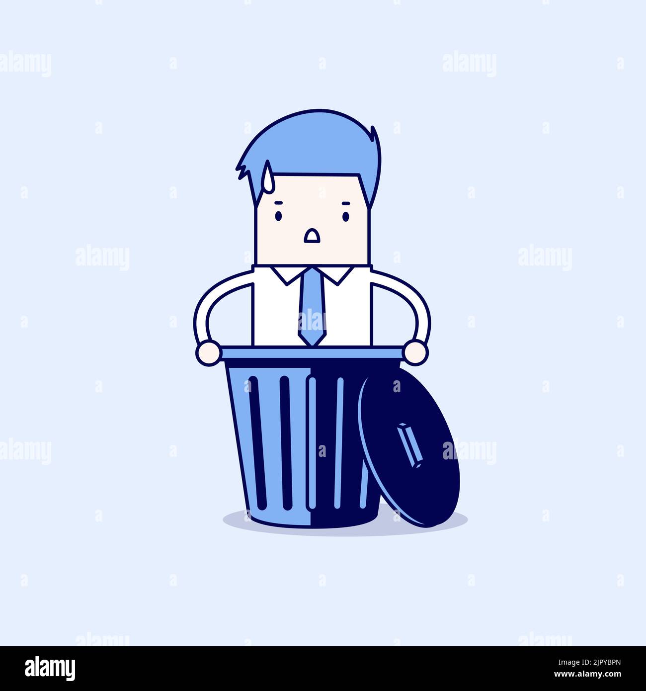 Geschäftsmann fiel in den Müll. Cartoon-Figur dünne Linie Stil Vektor. Stock Vektor