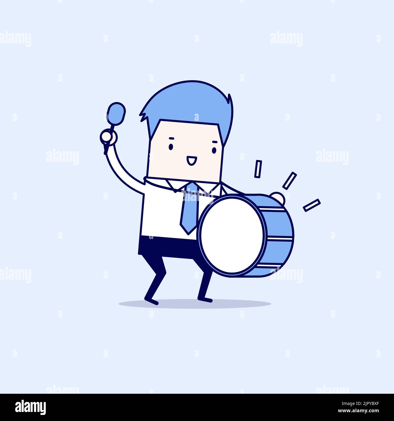 Geschäftsmann mit großer Trommel. Cartoon-Figur dünne Linie Stil Vektor. Stock Vektor