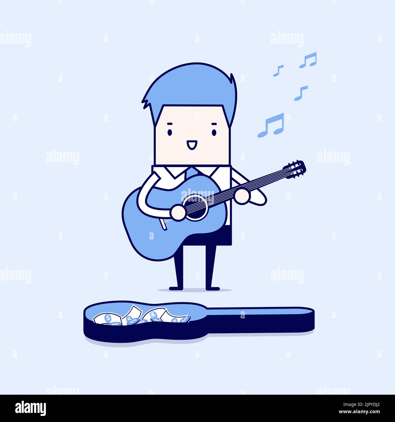 Geschäftsmann spielt Gitarre für Geld. Cartoon-Figur dünne Linie Stil Vektor. Stock Vektor