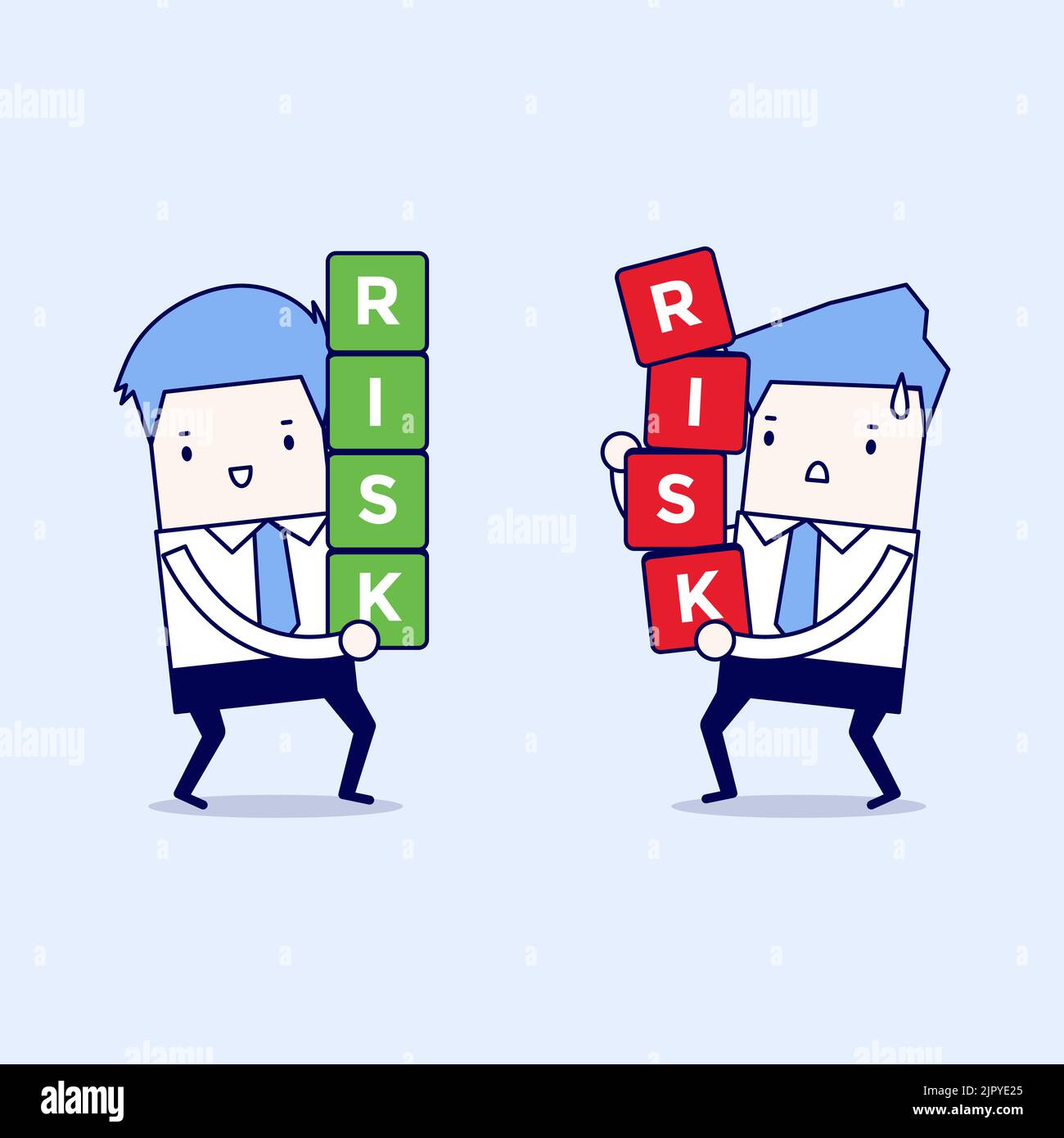 Zwei Geschäftsleute, die Risikosperren tragen. Risikomanagement. Cartoon-Figur dünne Linie Stil Vektor. Stock Vektor