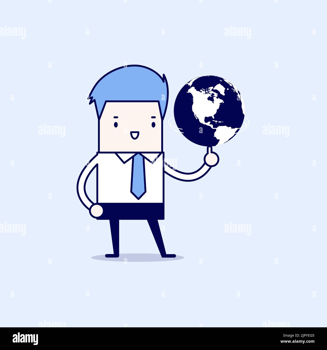 Geschäftsmann dreht sich um die Welt. Cartoon-Figur dünne Linie Stil Vektor. Stock Vektor