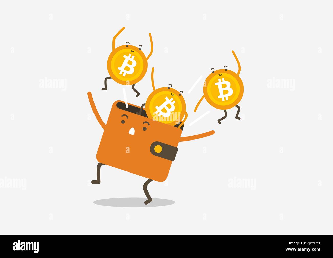 Bitcoins springen aus der Brieftasche. Kryptowährung Cartoon-Konzept. Stock Vektor