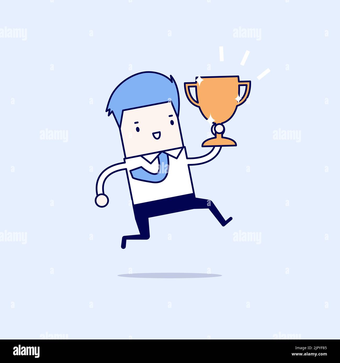 Geschäftsmann springt und hält Trophäe. Cartoon-Figur dünne Linie Stil Vektor. Stock Vektor