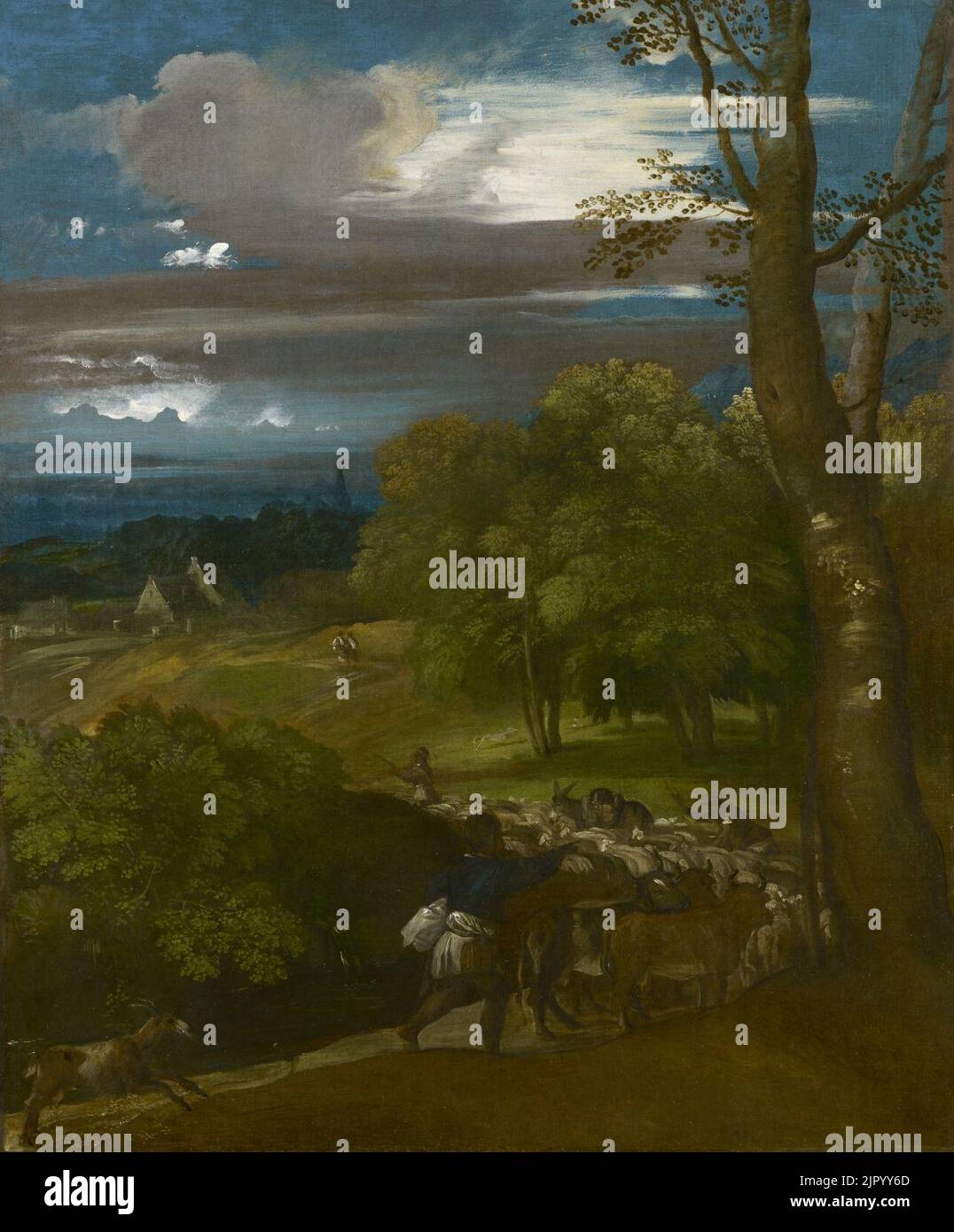 Tizian-Anhänger - Eine Landschaft mit Hirten und Herden um 1600-30, Stockfoto