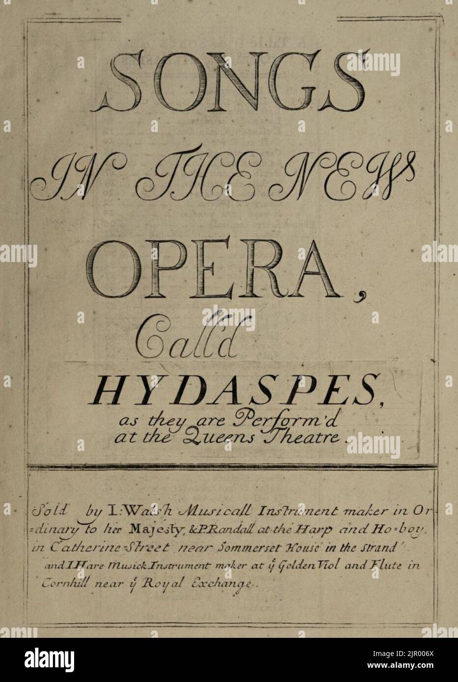 Titelseite der Lieder in The New Opera Call'd Hydaspes, 1710 Stockfoto