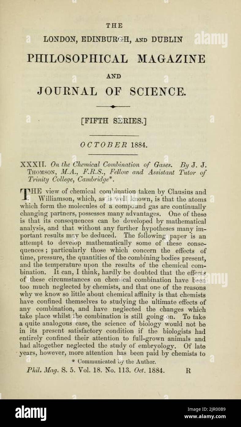 Titelseite über die chemische Kombination von Gasen von Joseph John Thomson 1856-1940 Stockfoto