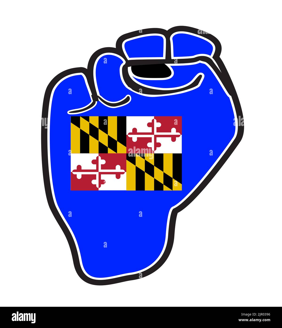 Ein schwarzer Umriss macht die Faust über die Symbole der Maryland State Flag isoliert auf einem weißen Hintergrund Stockfoto