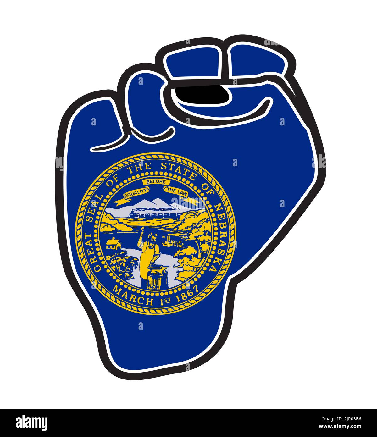 Ein schwarzer Umriss macht die Faust über die Symbole der Staatsflagge von Nebraska, isoliert auf einem weißen Hintergrund Stockfoto