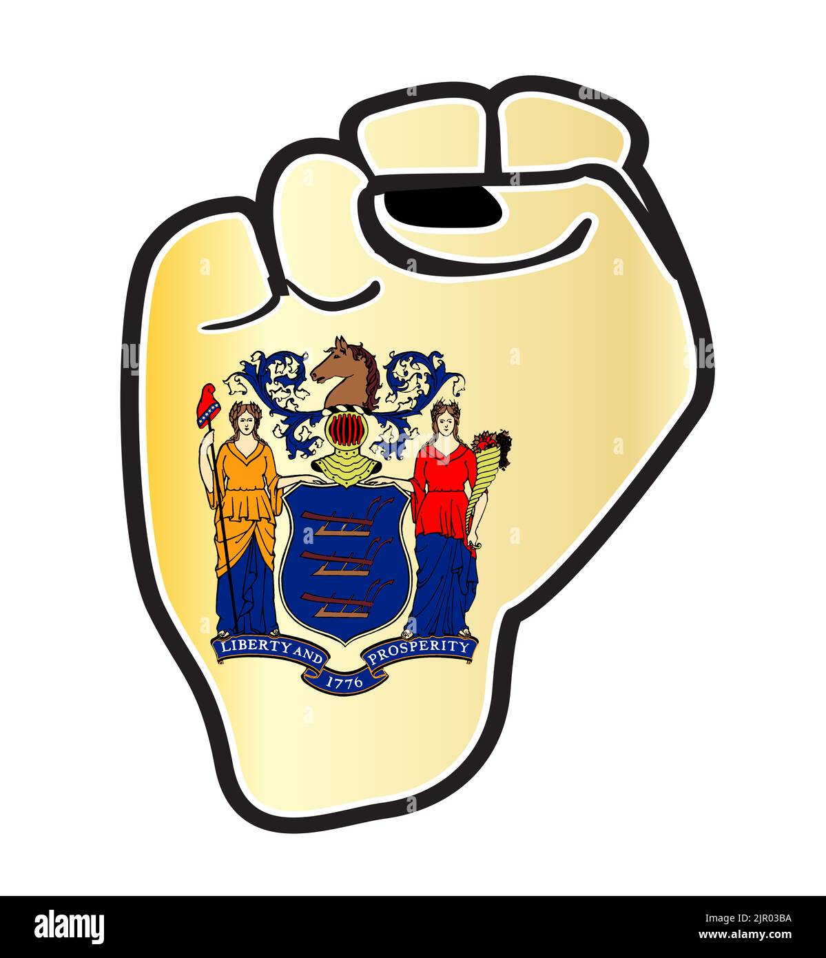 Eine schwarze Umrisskraft Faust über die New Jersey State Flag Symbole isoliert auf einem weißen Hintergrund Stockfoto