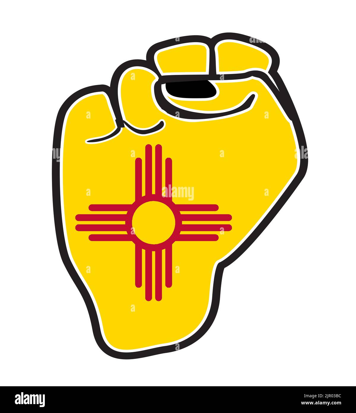 Ein schwarzer Umriss macht die Faust über die Symbole der Staatsflagge von New Mexico, isoliert auf einem weißen Hintergrund Stockfoto